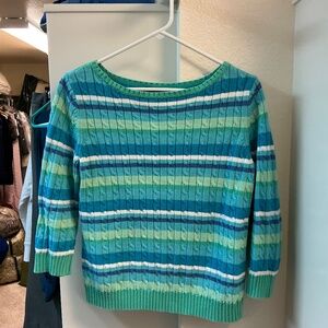 Lauren Ralph Lauren blue, green, white striped long sleeve sweater. Size M